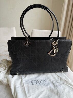 Christian Dior Vintage Black Cannage Leather Lady Dior Tote Bag w/Silver Tone